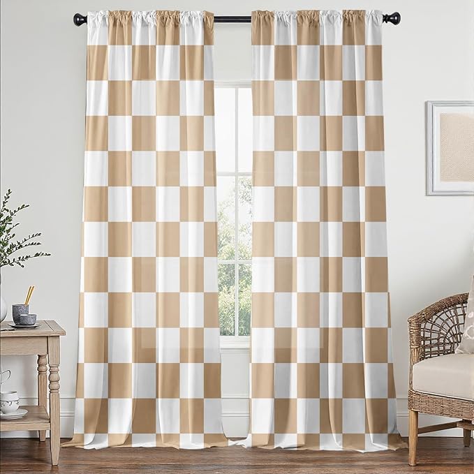 Beige Checkered Curtains for Bedroom,Rod Pocket Brown and White Semi Sheer Curtains Farmhouse Retro Checkerboard Light Filtering Drapes for Living Room,Set of 2 Window Curtain Panels,52 x 72 Inch