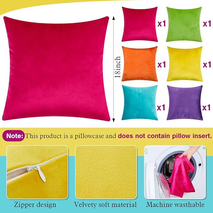 Berlune 6 Pcs Bright Velvet Throw Pillow Covers 18" x 18" Rainbow Decorative Cushion Case Soft Colorful Pillowcase for Graduation Coquette Party Accessories Couch Sofa Bed Chair Home Decor, No Inserts
