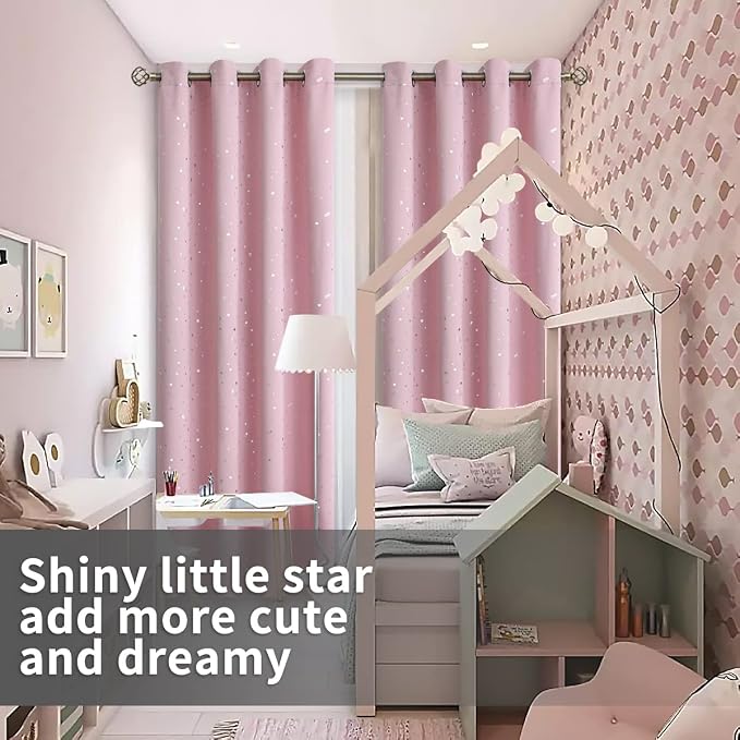 BGment Kids Blackout Curtains for Bedroom - Grommet Thermal Insulated Silver Star Print Room Darkening Curtains for Kids Room, Set of 2 Panels, 38 x 45 Inch, Baby Pink