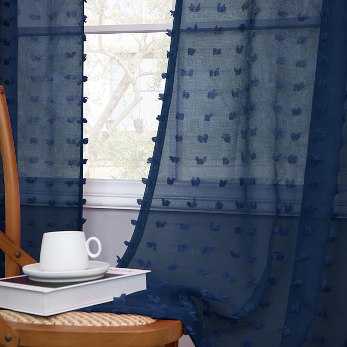 Navy Blue Boho Sheer Curtains 63 Inch Length for Nursery Boys Bedroom Cute Sheer Pom Pom Curtain for Farmhouse Window Decor Navy Indigo Blue Voile Drapes for Living Room Back Tab 2 Panels Set 52x63