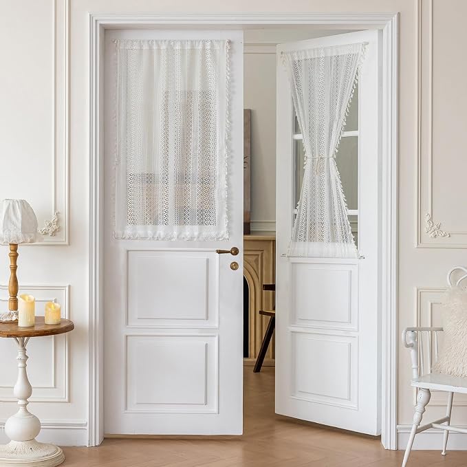 Sutuo Home White French Door Curtain for Patio & Sidelights, Ivory lace Door Curtains Bohemian Tassels Vintage Chic Semi Sheer Privacy Farmhouse Drapes for Entryway, Rod Pocket 2 Panels 25" W x 40" L