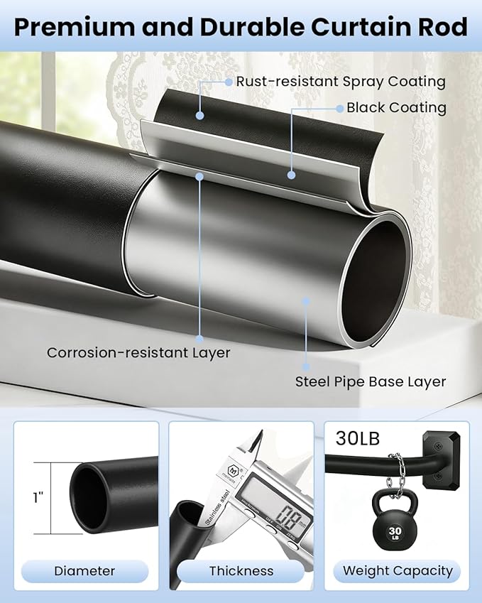Black Long Curtain Rod, Room Darkening Curtain Rods for Windows 66 To 120 Inches, Wrap Around and Total Blackout Curtain Rod, Heavy Duty and Adjustable Curved Metal Window Treatment Rods, Matte Black