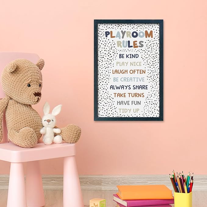 Playroom Rules Sign for Kids, 11x16 Black Wood Framed | Boho Neutral Polka Dot, Wall Decor