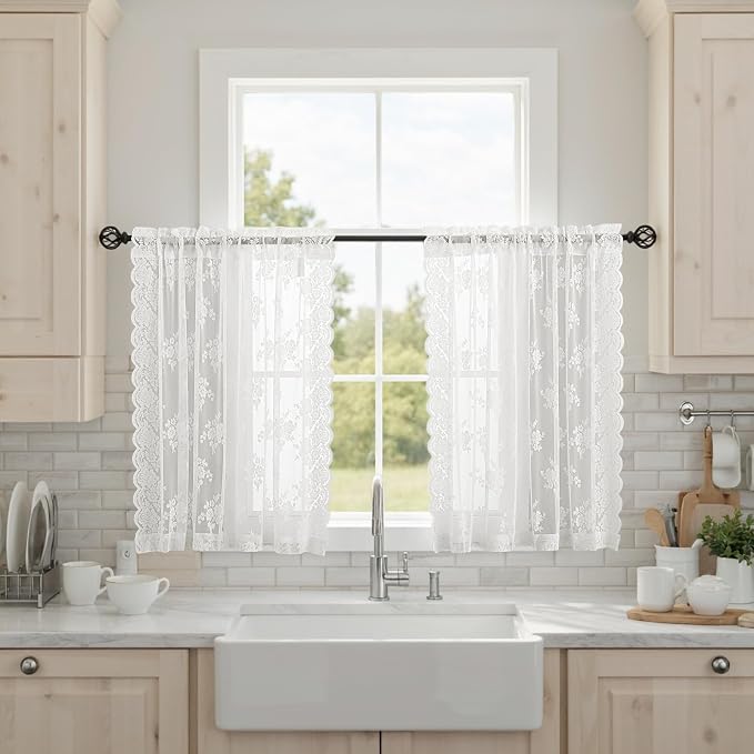 Kotile 30 Inch Length Lace Curtains Short for Door Small Windows, 2 Panels Rustic Floral Retro Vintage Short Lace Curtains, Rod Pocket Privacy Sheer Kitchen Café Curtain, 42 x 30 Inch, Ivory