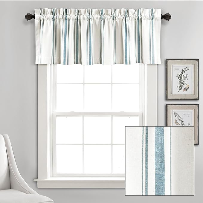 Lush Decor Farmhouse Stripe Yarn Dyed Recycled Cotton Window Curtain Valance, 18" L x 52" W, Blue - Classic Modern Rustic Charm - Eco Friendly Cotton Fabric