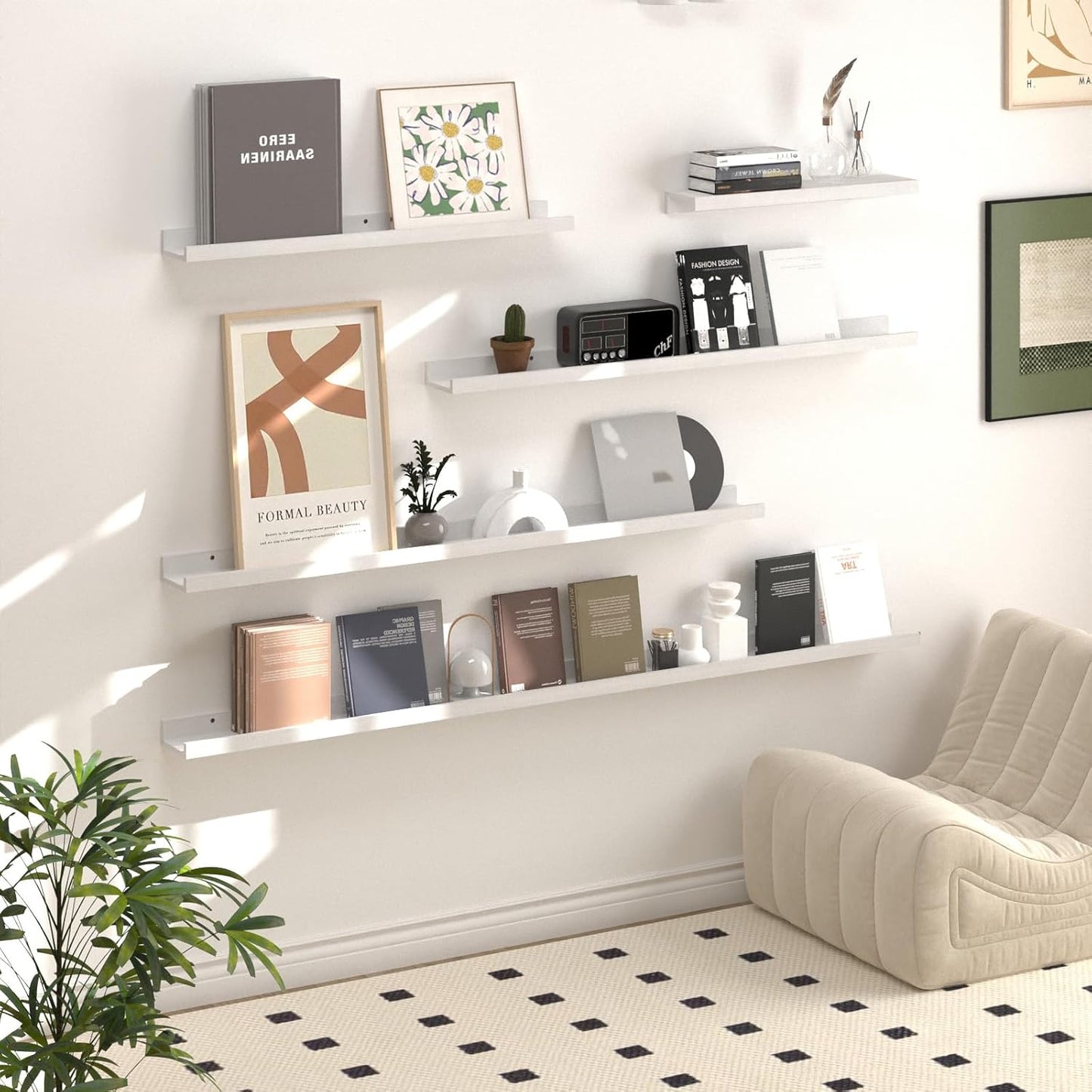 SAUMONIERES Picture Ledge Shelf Floating Book Shelves Set of 2 Wall Mounted Solid Wood for Bedroom Bathroom Living Room Kitchen, 55 Inch White