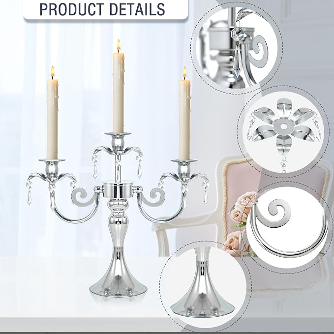Metal 3 Arm Taper Candlestick Stand with Crystal Pendants - 11.8 Inch Tall Candle Holders, Elegant Centerpieces Candelabra for Wedding, Dining Table, Christmas Party (6Pcs, Silver)