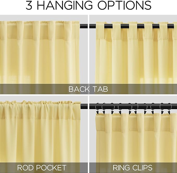 Yellow Linen Curtains 105 Inches Long for Living Room 2 Panels Set Extra Long Back Tab Curtains Neutral Farmhouse Light Filtering Semi Sheer Linen Drapes Ceiling to Floor for Large Window 52x105