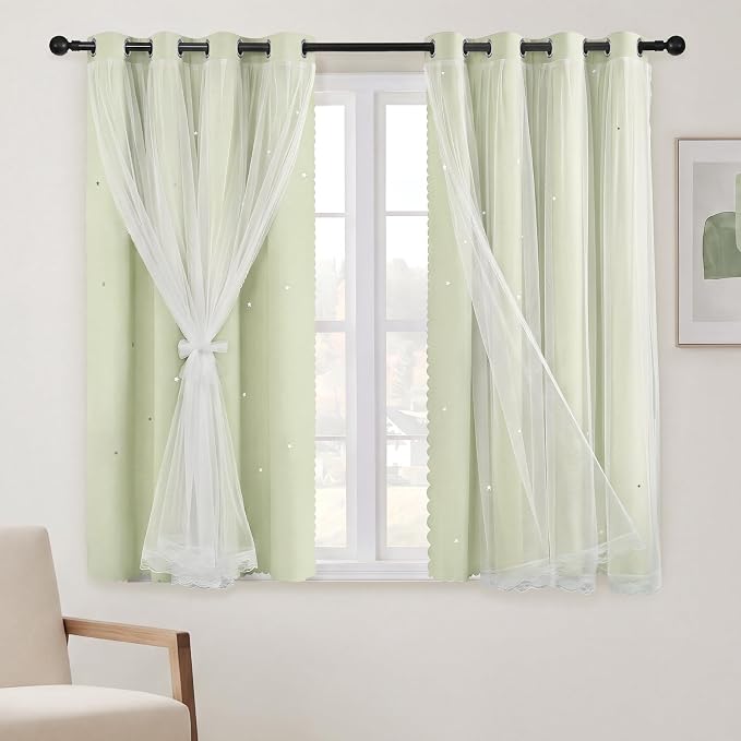 XiDi Sage Green Blackout Curtains for Girls Bedroom Living Room 63 Inch Length 2 Panels Thermal Insulated Room Darkening Grommet Window Drapes for Nursery Kids Boys Light Green W34 x L63