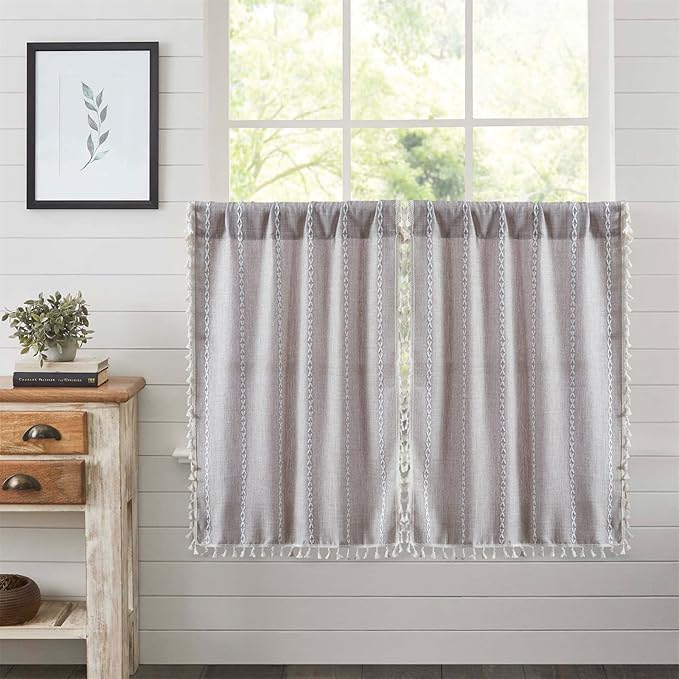 RoomTalks Tan Rustic Farmhouse Linen Kitchen Curtains 36 Inch Length Country Cottage Vintage Chic Tassel Short Cafe Curtains for Small Windows
