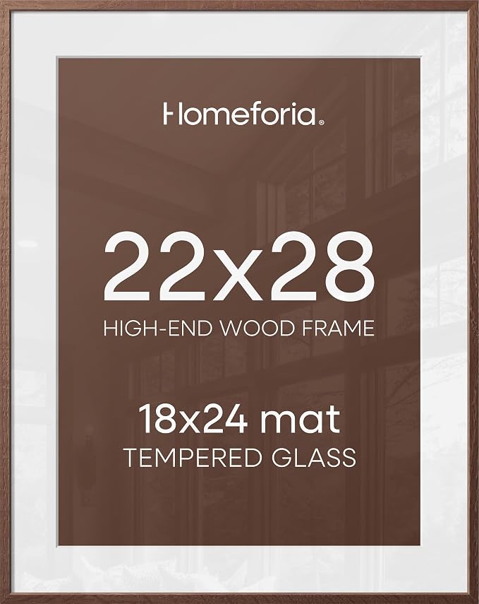 Homeforia 22x28 Poster Frame Walnut, High End Dark Oak 22x28 Large Wooden Picture Frame with Mat 18x24, 22 x 28 Brown Wood Frame Matted to 18 x 24, 28x22 Thin Frame, Tempered Glass, Wall Kit, Set of 1