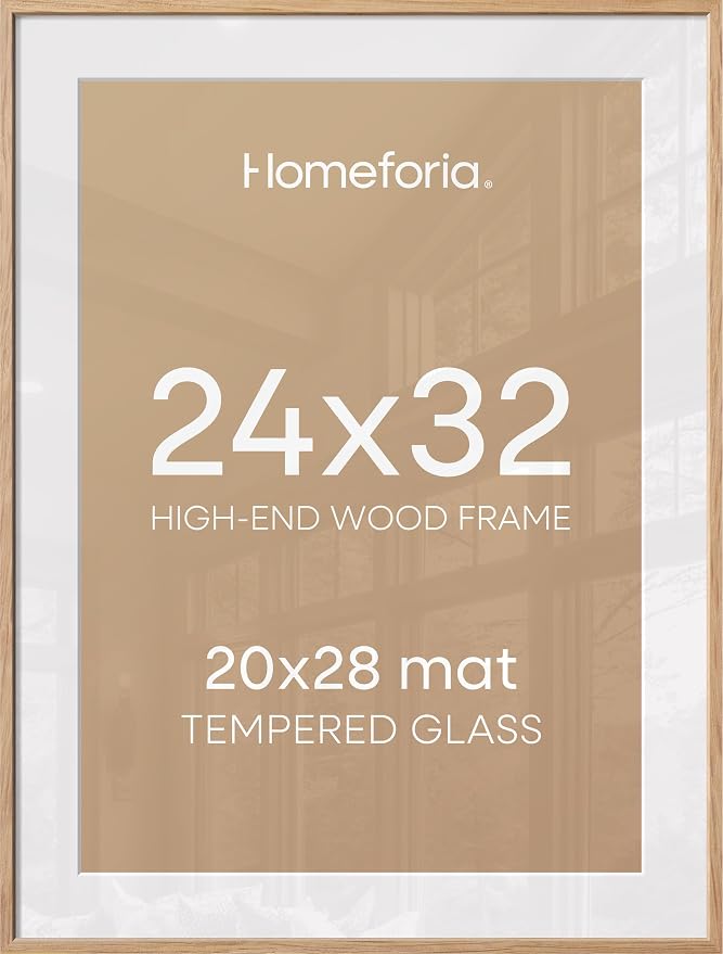 Homeforia 32x24 Poster Frame Wood, High End Natural Oak 24x32 Large Picture Frame with Mat 20x28, 24 x 32 Light Wooden Frame Matted to 20 by 28 Photo, 24by32 Frames, Tempered Glass, Wall Kit, Set of 1