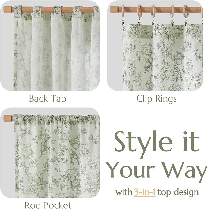 jinchan Linen Floral Curtains for Living Room 84 Inch Long Sage Green Printed Flower French Country Curtain Farmhouse Cottage Core Toile Curtains Back Tab Light Filtering Window Drapes Set 2 Panels