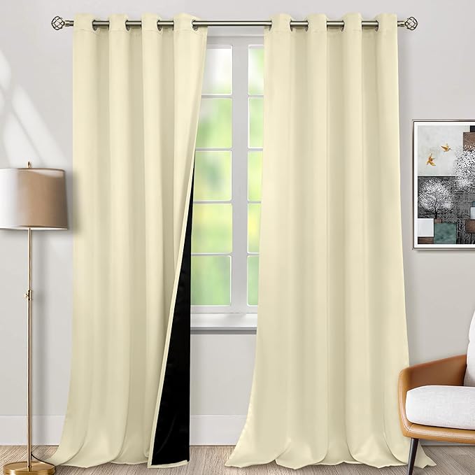 BGment Thermal Insulated 100% Blackout Curtains 96 Inch Length 2 Panels, Total Light Blocking Curtains for Bedroom, Grommet Window Drapes with Thick Black Liner, 55 Inch Wide Each Panel, Cream