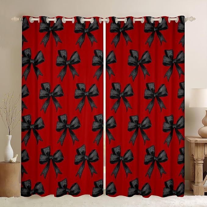 Erosebridal Red Black Bow Kids Window Treatments Watercolor Bowknot Girls 38" Wx45 L Window Curtain Cute Bow Tie Curtain Kawaii Dreamy Bows 30%-50% Blackout Curtains for Bedroom