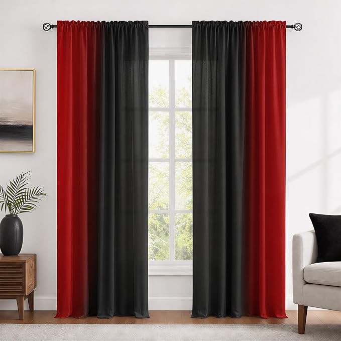Red and Black Ombre Curtains 72 inches Length for Living Room,Abstract Black and Red Light Filtering Window Curtain Rod Pocket Gradient Vintage Window Drapes for Bedroom Curtains,2 Panels