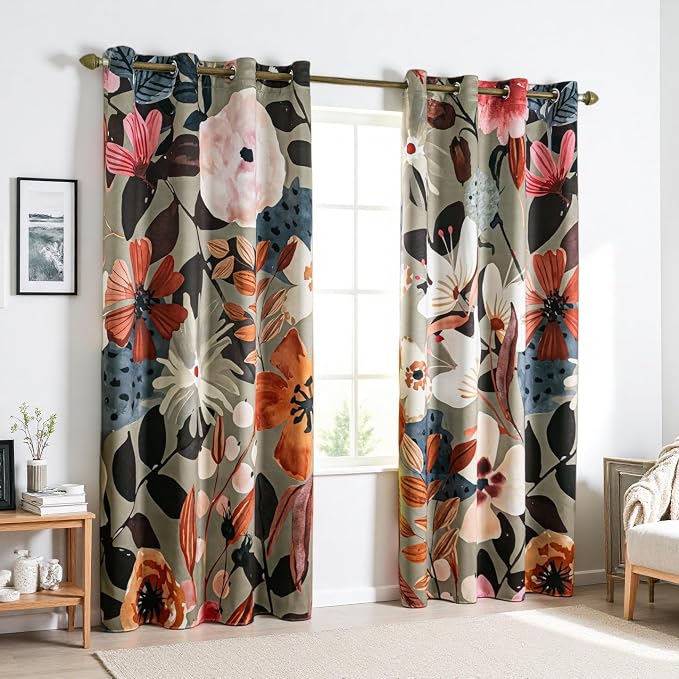 Floral 100% Blackout Curtains 63 inch Long 2 Panels Set for Bedroom Vintage Sage Green Botanical Pattern Black Out Curtain Thermal Insulated Light Blocking Window Drapes for Living Room 52 x 63 inch