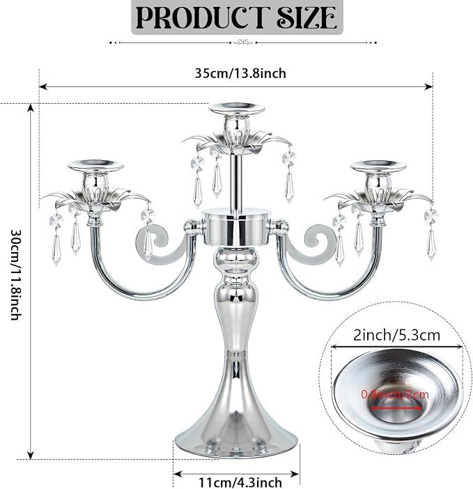 Metal 3 Arm Candelabra with Crystal Pendants - 11.8 Inch Tall Candle Holders, Elegant Taper Candlestick Stand for Wedding, Dining Table, Christmas Party Home Decoration (1pc, Silver)