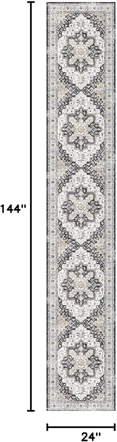 Madane Washable Runner Rugs 2x12 Long for Hallway Kitchen Soft, Black | Non-Slip Vintage Printed 12ft Rug Runners with Rubber Backing, Thin Low-Pile Floor Carpet Laundry Room Entryway, Corridor