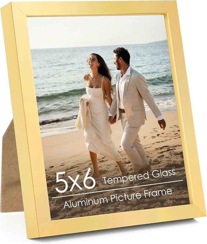 FLYJOE 5x6 Metal Picture Frame - Gold Aluminum Photo Frames Real Real Glass,Tabletop Display,Mounting Horizontally or Vertically Decor for Wall Gallery Poster Photo 6x5 Frames, Gold