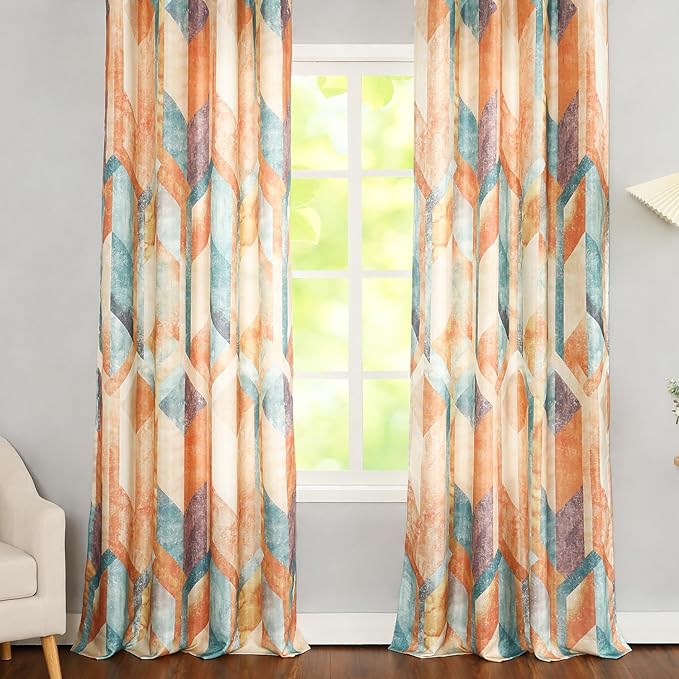 Leeva Modern Geometric Custom Curtain - View Reducing Privacy Drapes, Linen Look Curtain Panels for Book Room & Sliding Door, 1 Panel