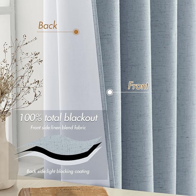 EMEMA Chambray Blue Linen Blackout Curtains 84 inch Long 2 Panels Set for Bedroom Back Tab Thermal Insulated 100% Black Out Drapes Pinch Pleated Hooks Room Darkening Window Curtain for Living Room