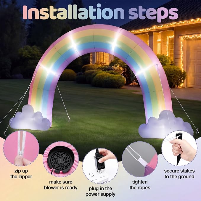 Jenaai 8ft Pastel Inflatable Rainbow Arch Blow up Yard Decorations with Built-in LED for Outdoor Baby Shower Wedding Birthday Pride Party Holiday, Giant Rainbow Archway Decor for Garden Lawn