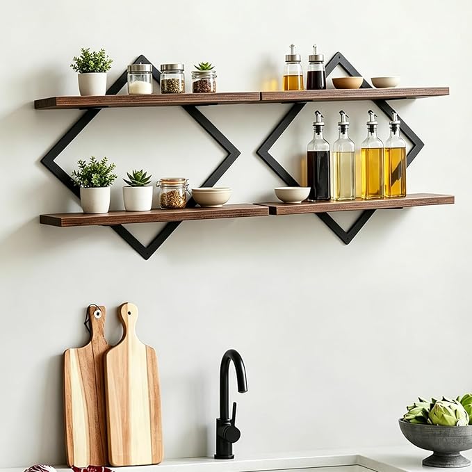 Geometric Floating Shelves Set of 2, Wood Wall Mounted Storage Rack, 22lb Capacity Modern Display Shelves for Living Room, Bedroom, Kitchen, Office, Heavy Duty Decor Organizer