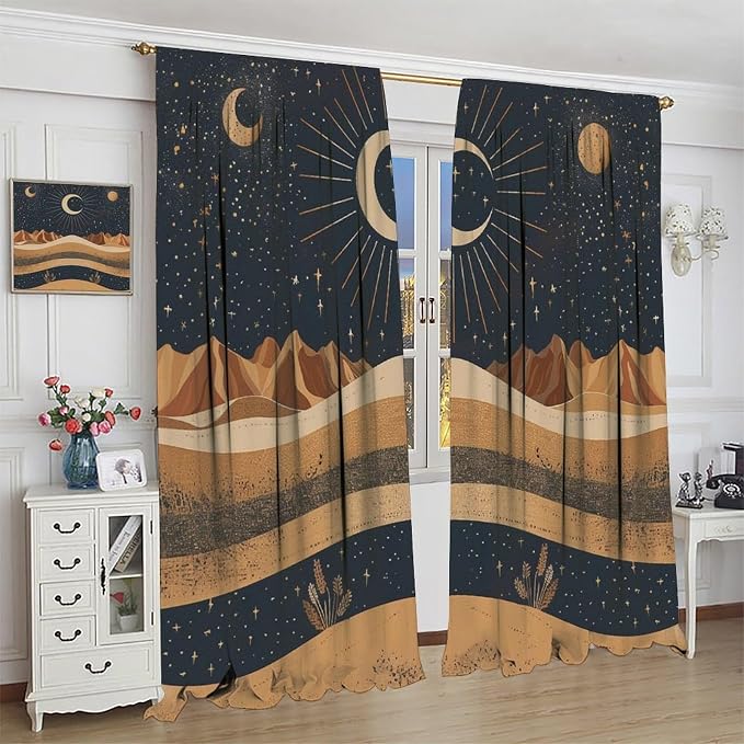Sun Moon Blackout Curtains, Abstract Mid Century Desert Mountains Sun Moon Boho Landscape Window Drapes, for Bedroom Living Room 63" W X 63" L