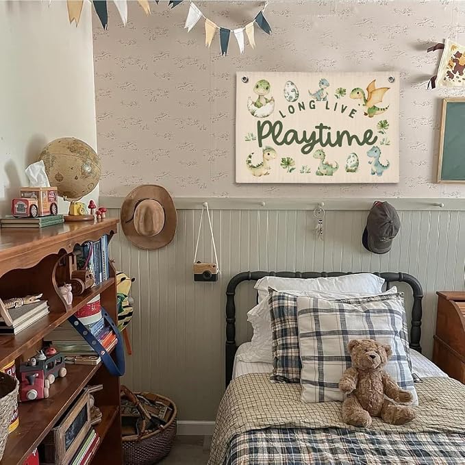 Playroom Dinosaur Wall Decor, Toddler Playroom Decor Hanging Linen Banner,Play Room Wall Decor for Nursery Nursery, 20x30 Inch