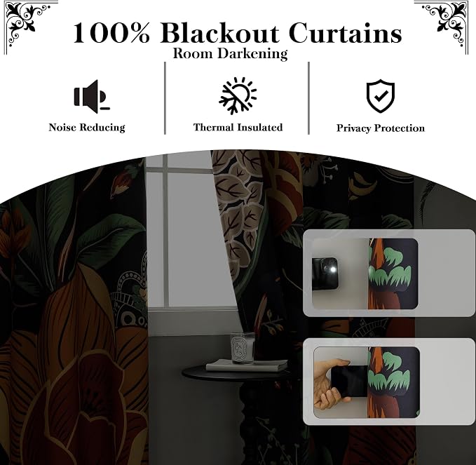 Tyrot Black Boho Floral 100% Blackout Curtains for Bedroom 96 inch Long 2 Panels Butterfly Botanical Black Out Curtains for Living Room Grommet Thermal Insulated Room Darkening Window Drapes,52Wx96L