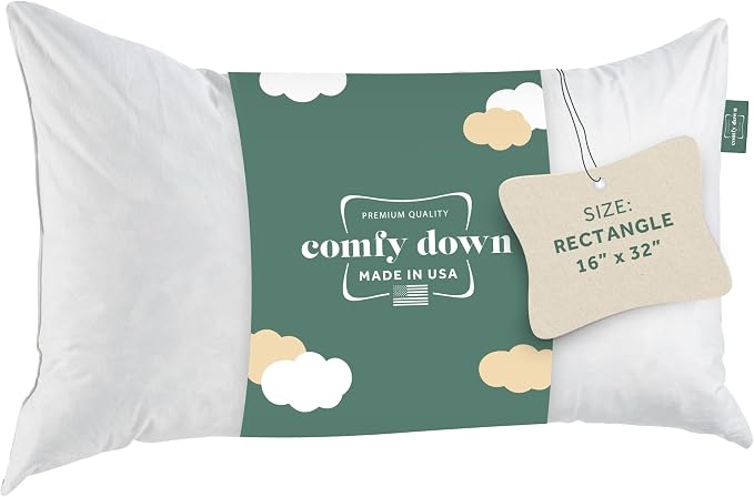 ComfyDown 16x32 Throw Pillow Insert, Down & Feather Fill, 100% Cotton Cover, Made in USA – Premium Soft Lumbar Decorative Pillow Form Sham Stuffer for Bed, Sofa & Couch