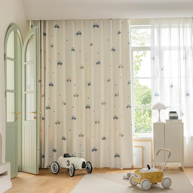 Cartoon Car Pattern Printed Semi Blackout Curtains for Bedroom Living Room | Cute Car Room Darkening Privacy Drapes for Playrooms Light Blocking Window Tratement Grommet Top 1 Panel W52 L84 Inch