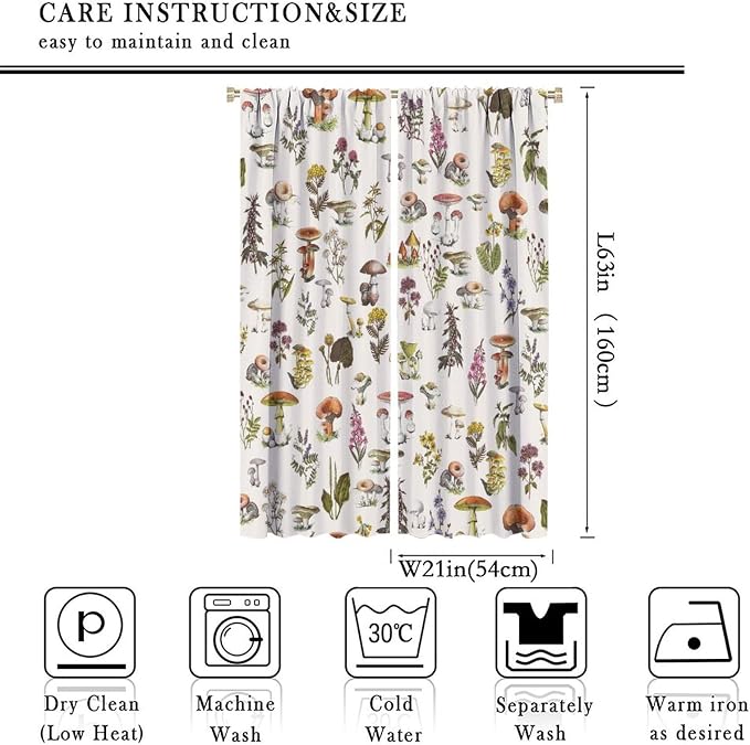 Vintage Botanical Curtains, Rustic Plants Herbs Mushroom Nature Wildflower Print Blackout Window Treatments for Living Room Bedroom Kitchen 42x63in
