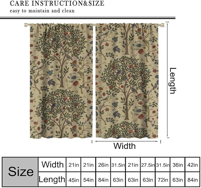Vintage William Morris Forest Blackout Window Curtains, Rustic Boho Bird Plant Window Drapes, for Living Room Bedroom 21(W)*54(L) 2 Panels