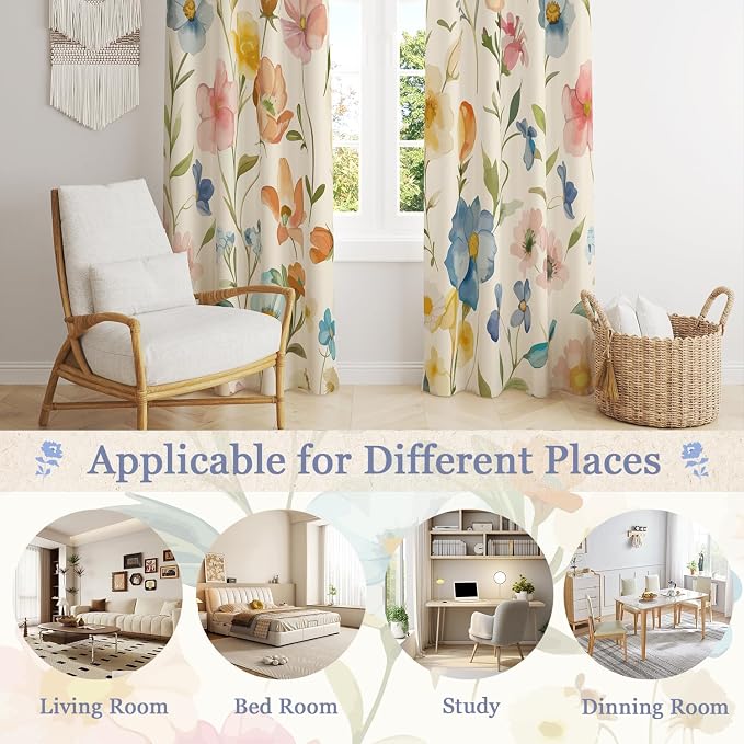 Boho Floral Blackout Curtains, Vintage Watercolor Wildflower Botanical Plant Leaves Room Darkening Thermal Insulated Grommet Window Drapes for Living Room Bedroom Decor 2 Panels 52x63 Inches