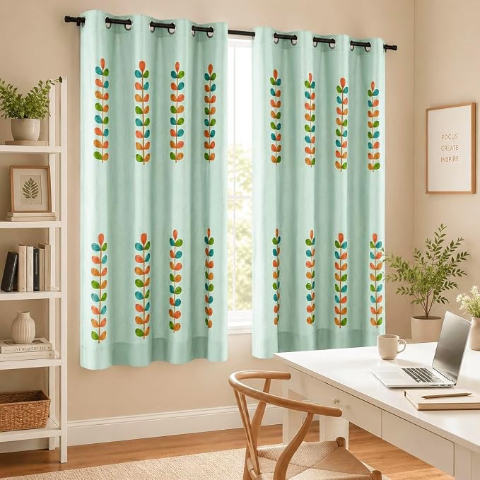 VOGOL 52x63 Light Filtering Curtains, Leaf Embroidered Grommet Panels for Living Room Bedroom, Farmhouse Window Treatments, Blue, 2 Panels
