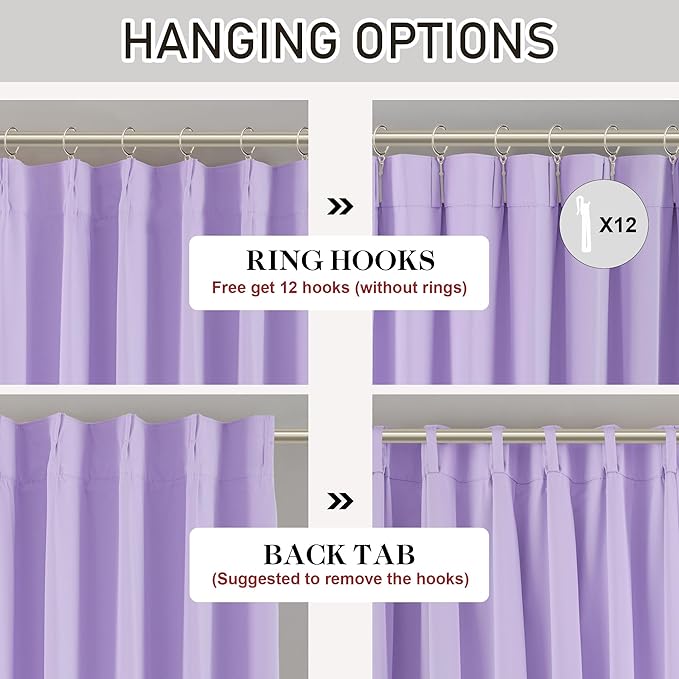 DONREN Lavender Purple Pinch Pleated Blackout Curtains with Hooks - 63 inch Length Room Darkening Thermal Insulated Short Window Curtain Panels for Bathroom Girls Room 2 Panel 40" Wx63 L