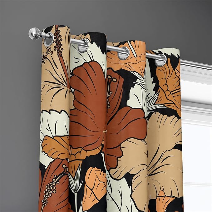 Floral Blackout Curtains 84 Inch Length 2 Panels Rustic Vintage Hibiscus Flowers Orange and Yellow Print Thermal Insulated Darkening Drapes Window Treatment for Bedroom Living Room 52x84 Inch