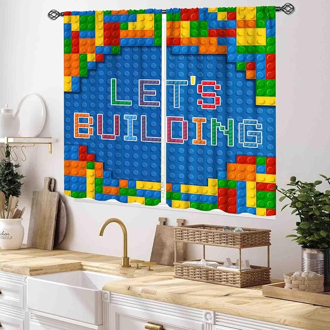 Kids Boys Curtains for Bedroom, Colorful Building Blocks Plastic Brick Pattern Abstract Contour Printed Blue Blackout Drapes for Boys Room Living Room Nursery Party Decor, 55x39 Inch