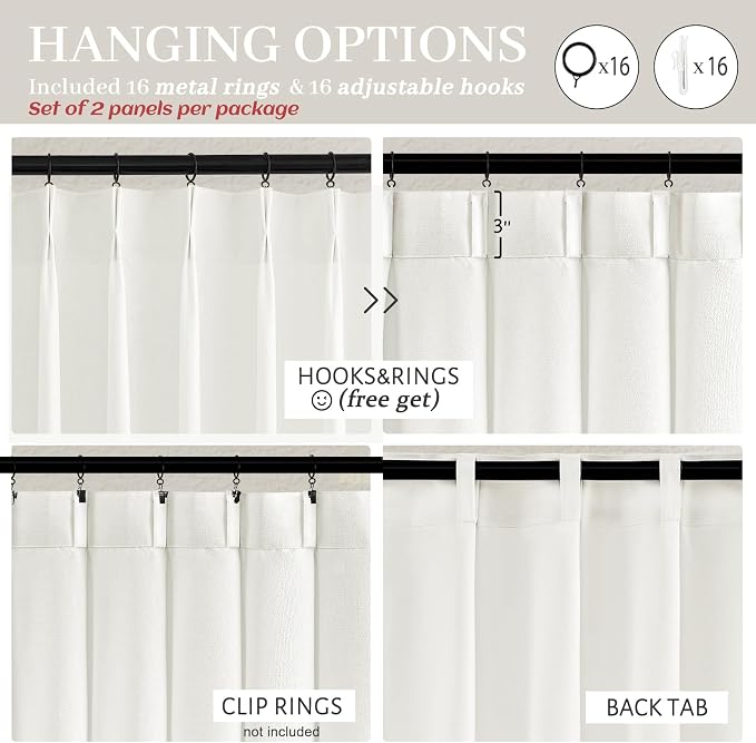 Custom Pleated Curtains & Drapes 86 Inches Long for Dining Room, Light Filtering Privacy Natural White Linen Non See Through Sheer Curtain with Hooks Rings for 84-86 Inch Large Window Decorative Burg