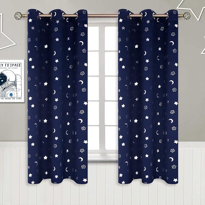 BGment Kids Curtains for Nursery, Short Star and Moon Room Darkening Curtains for Bedroom 63 Inch Long, Blackout Thermal Insulated Window Drapes for Boys Girls, Navy, 42 Wide, 2 Panels