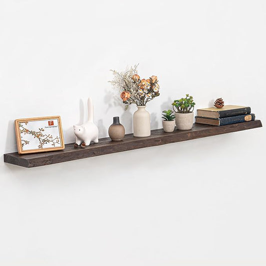 Floating Shelves for Wall, 55"x9.3" Rustic Solid Live-Edge Elm Wood Wall Shelves, Heavy-Duty Floating Shelves with Invisible Brackets, Set of 2 for Living Room, Bedroom, and Kitchen, Walnut Finish