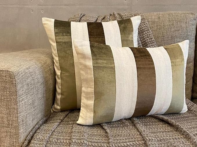 The HomeCentric Decorative Pillows Cover Brown Pack of 2, 18"x18" (45x45 cm) Velvet Striped and Linen Outdoor Furniture Cushion Cover, Patchwork Modern Cushion Cover Style - Velvet Band Earthy