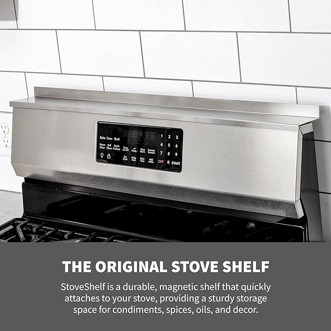 StoveShelf 24" Apartment Length Stainless Steel Finish Magnetic Shelf for Kitchen Stove - Kitchen Storage Solution with Zero Installation - Over Stove Spice Rack Organizer