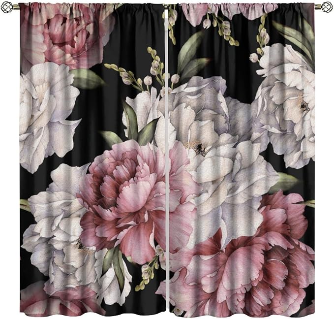 Black Boho Floral Blackout Curtain Vintage Watercolor Rose Peony Retro Pink Blossom Flowers Rustic Spring Leaf for Home Kitchen Restaurant Decoration Window Drapes 2Panel 42" W X 45" L
