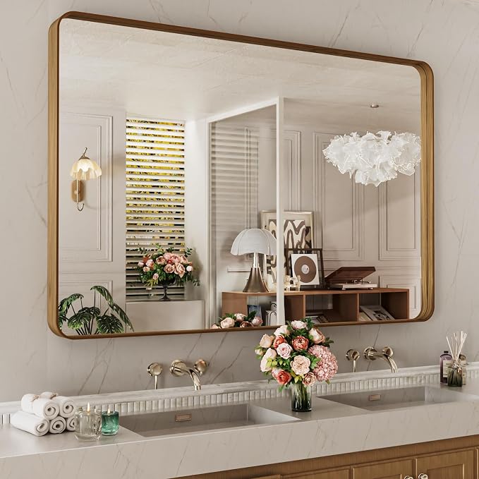 LOAAO 55X30 Inch Bathroom Mirror with Wood Grain Colored Metal Frame, Rounded Rectangle Metal Framed Bathroom Mirror, Anti-Rust, Hangs Horizontally or Vertically, Tempered Glass