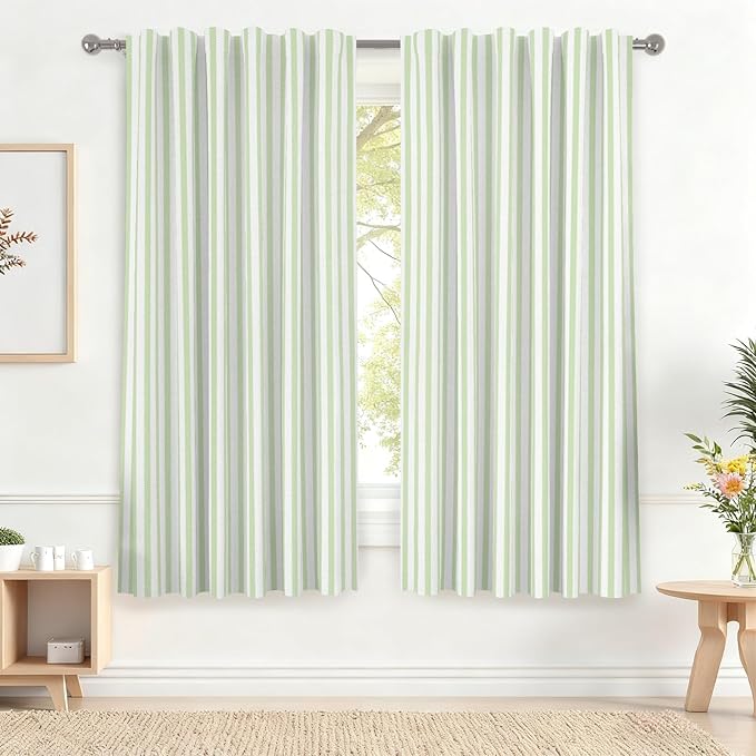 Renaiss 52 x 63 Inch Green Striped Kitchen Curtains Tier Linen Texture Ticking Stripe Short Curtain for Living Room Bathroom Cafe Small Window Farmhouse Rustic Pinstripe Rod Pocket Drapes 2 Panels