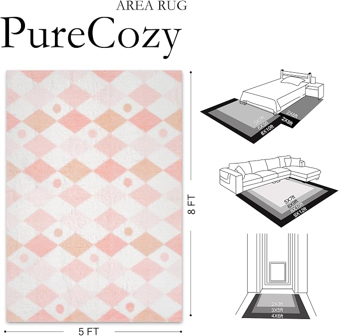 PureCozy Checkered Rug 5x8 Fluffy Shag Living Room Pink Area Rug Modern Washable Carpet Soft Shaggy Non Slip Indoor Plush Fuzzy Rugs for Bedroom Dorm Office Home Aesthetic Decor