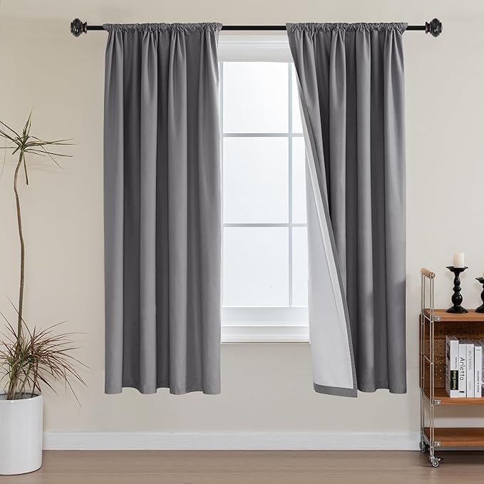 H.VERSAILTEX Blackout Curtains 63 Inch Length 2 Panels Set Room Darkening Rod Pocket Curtains for Bedroom Thermal Insulated Light Blocking Drapes with White Liner for Living Room, 52Wx63L, Grey